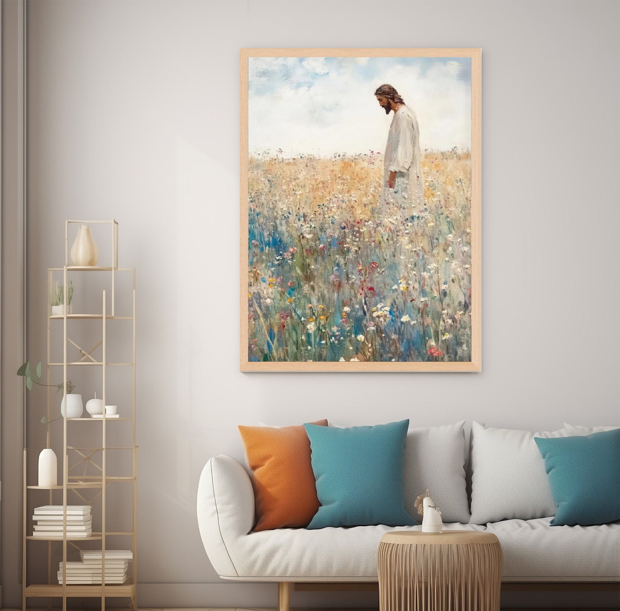 Jesus Leaves the 99 Poster, Christian Inspirational Poster, Autumn Wildflowers Field Poster, Christian Poster